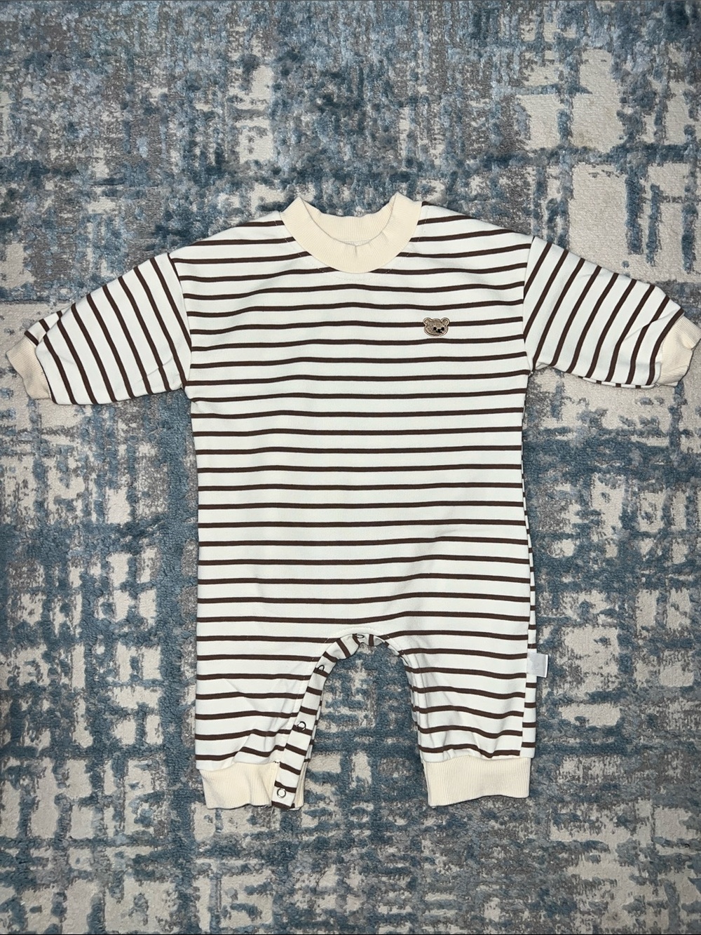 🐻🧸 Striped Cream and Brown Baby One-Piece Romper